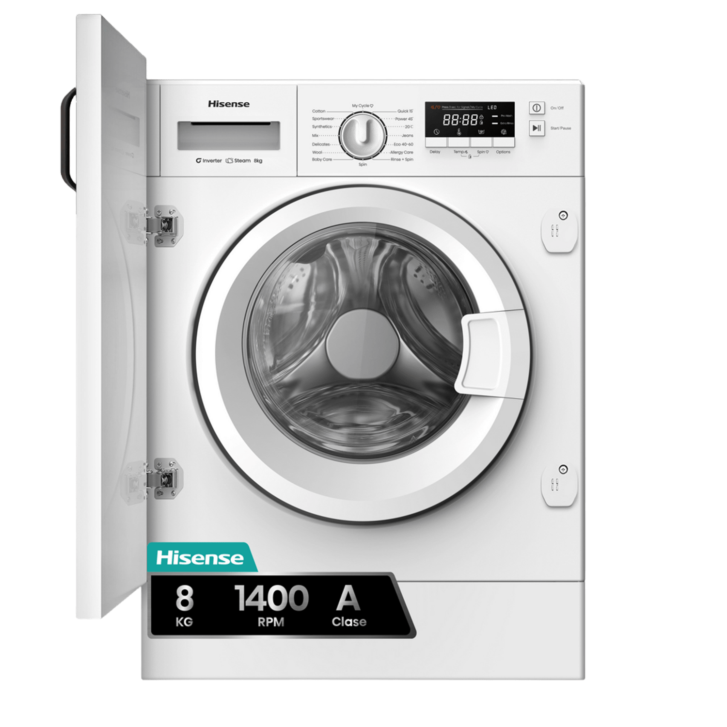 image-1553.png Lavadora integrable - Hisense WF3M841BWIES, 8 kg, 1400 rpm, 15 programas, Secado Allergy Care, Clase A, Sin Panelar - Imagen 1