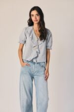 Blusa volante vichy manga corta azul tejano - Imagen 3