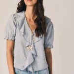 Blusa volante vichy manga corta azul tejano