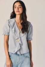 Blusa volante vichy manga corta azul tejano