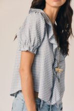 Blusa volante vichy manga corta azul tejano - Imagen 2